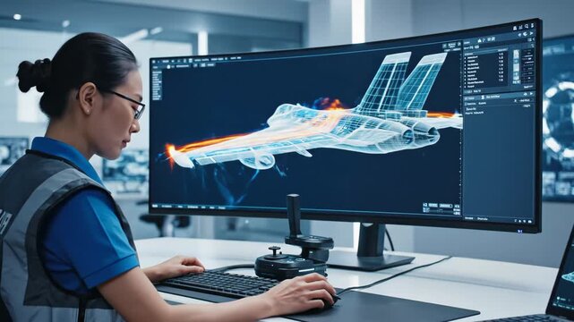 Engineer Designs Aircraft with 3D Modeling Software - An engineer is using 3D modeling software to design an aircraft on a large computer screen.