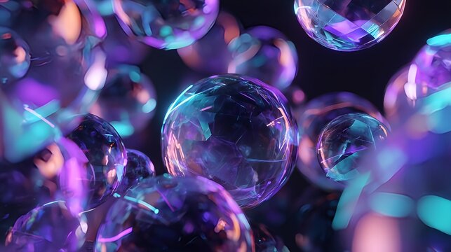 Futuristic abstract background featuring glowing crystal spheres with neon purple and blue highlights. High-detail reflections, bokeh lighting, and soft holographic ambiance.