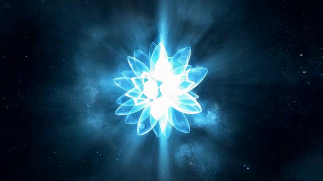 Bright glowing blue energy bloom radiating light waves and particles in deep cosmic space creating a vivid luminous abstract celestial effect