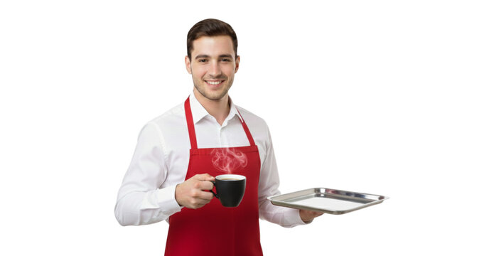 Friendly barista serves delicious hot coffee with a smile and tray, ready to delight customers in your cafe, restaurant, or foodservice business