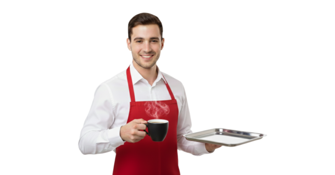 Friendly barista serves delicious hot coffee with a smile and tray, ready to delight customers in your cafe, restaurant, or foodservice business