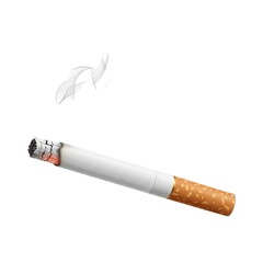 A lit cigarette with smoke rising from the tip isolated on white background