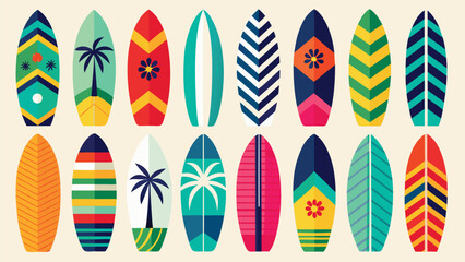 Colorful surfboards in various designs arranged in a playful clipart style against a white background..eps