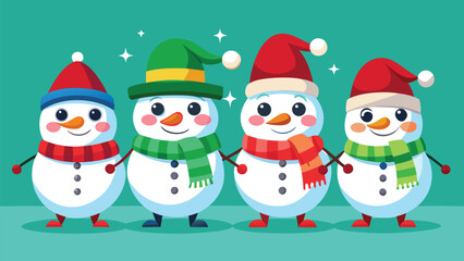 Four snowmen, dressed in vibrant hats and scarves, are arranged playfully in a snowy environment..eps