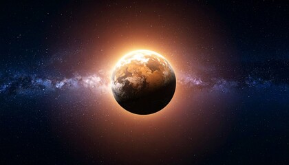Earth from space with sunrise glow, lens flare, visible continents, stars and Milky Way backdrop.