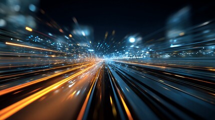 Dynamic motion blur depicting the vibrant rush of urban life at night, with streaks of lights symbolizing speed and excitement in a bustling city environment.