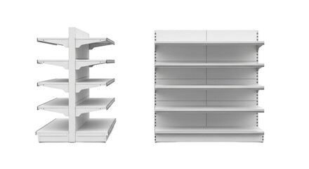 Two white empty retail store shelving unit display racks isolated on white background