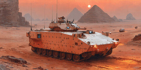 Military armored vehicle navigating a desert landscape with ancient pyramids in the background under a setting sun