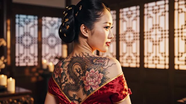 Woman with Dragon and Peony Tattoo - A woman in traditional attire displays an elaborate dragon and peony tattoo on her back.