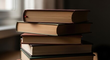 Fototapeta premium Stack of old hardcover books with worn spines and creamy pages by a window light