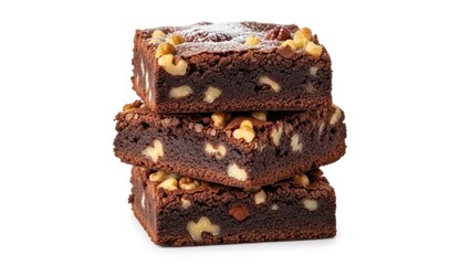 Stack of three fudgy chocolate brownies, studded with walnuts and dusted with sugar