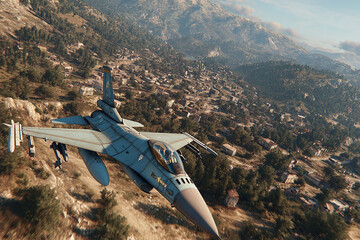 Military Aircraft Soaring Above a Picturesque Landscape of Mountains and a Town, Blue Skies
