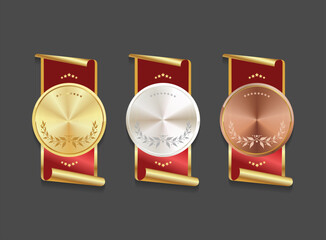 Award golden, silver and bronze blank medals 3d vector realistic illustration. Realistic medal set. Medal icon collection. First, second and third place medals or buttons  © totallyout