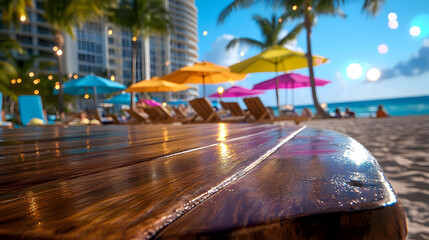 Experience the vibrant beach life with colorful umbrellas and sun loungers in a tropical paradise, perfect for summer vacation vibes and coastal relaxation