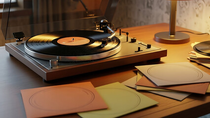 Warm evening ambiance with a classic turntable spinning a vinyl record, creating a nostalgic atmosphere for a relaxing musical experience at home