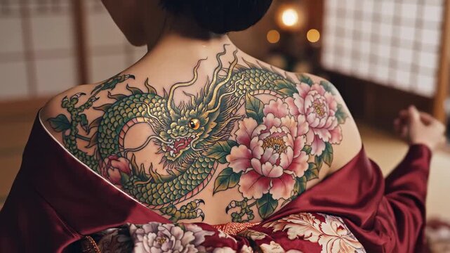 Woman with Dragon and Peony Back Tattoo - A woman is shown from the back, wearing traditional attire, displaying a detailed and colorful dragon and peony tattoo on her upper back.