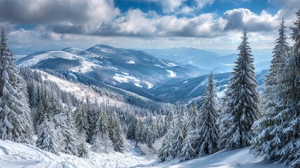 Fototapeta premium A serene winter wonderland unfolds with snow-laden trees framing distant mountains under a sky brushed with clouds. The landscape evokes tranquility and the beauty of the season.