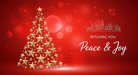 Vibrant Red Holiday Background with Golden Star Tree Symbolizing Peace and Happiness