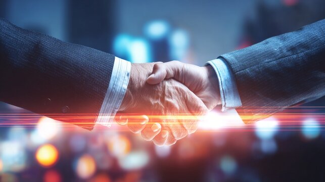 Two business professionals engaging in a handshake, symbolizing partnership and collaboration in a dynamic urban environment with blurred lights.