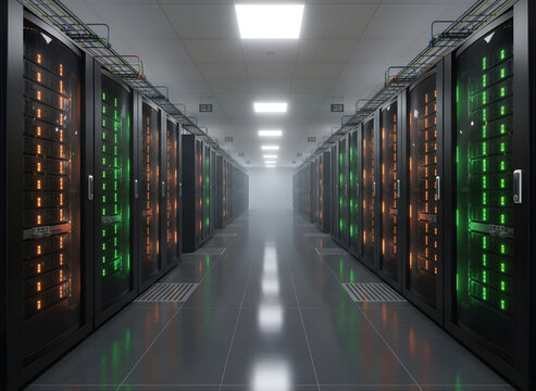 Modern data center server room with rows of network racks, illuminated hardware lights, secure technology infrastructure, digital storage equipment and advanced computing environment