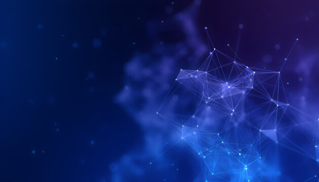 Blue digital network background with glowing points, abstract data mesh, futuristic communication links, soft depth field and modern technology connection pattern