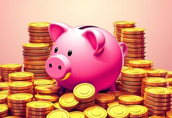 Pink piggy bank surrounded by stacks of gold coins, vector illustration,  future,  gold