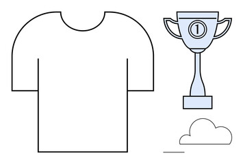 Achievement concept. Achievement illustrated with a T-shirt, trophy, and cloud sports accomplishments, goals, and recognition. Achievement in sports, awards, competition motivation branding