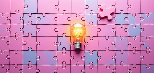 Pinkish coral blue jigsaw puzzle pieces forming a lightbulb, symbolizing teamwork and brainstorming,  collaboration,  synergy