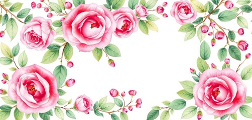 Pink roses, leaves, branches, greenery, botanical watercolor elements for wedding design,  branches,  design