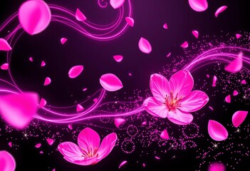 Pink swirls, sakura petals, neon waves, sparkling particles on black background,  fantasy,  texture