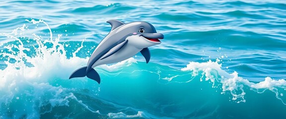 Playful cartoon dolphin soars above turquoise waves, sparkling ocean spray,  jump,  vibrant