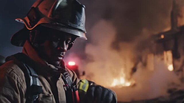 Firefighter Using Virtual Safety System - A firefighter analyzes a virtual safety system displaying structural weaknesses during a rescue operation.