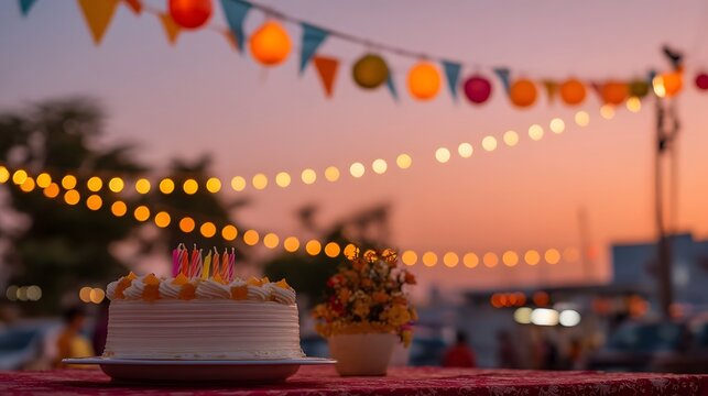 A festive outdoor birthday party setting at dusk with a decorated cake string lights and colorful bunting under a warm sunset sky