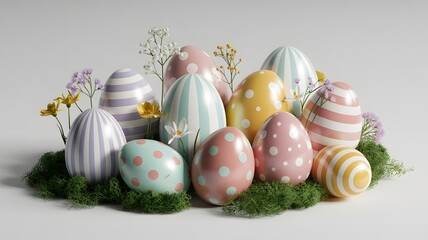 Pastel easter eggs with spring flowers and moss