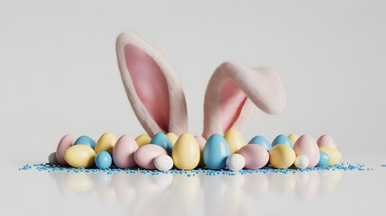 Easter bunny ears amidst colorful eggs