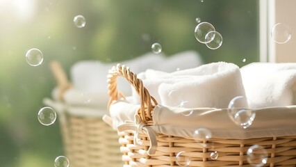 Laundry Basket with White Towels and Bubbles in Bright Sunlight