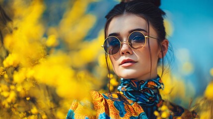 A stylish woman wearing large round sunglasses stands amidst vibrant yellow flowers, showcasing beauty and fashion in a sunny outdoor setting, exuding confidence and charm.