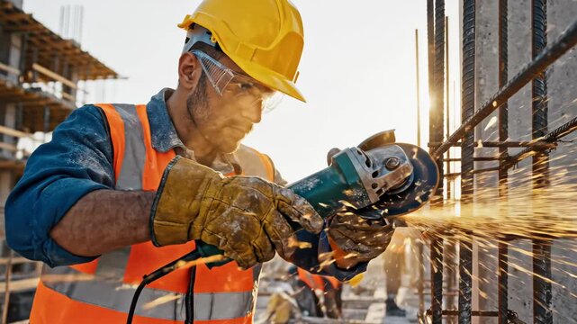 Construction Worker Using Power Tool - A focused construction worker is cutting rebar with a power tool on a construction site during the daytime.