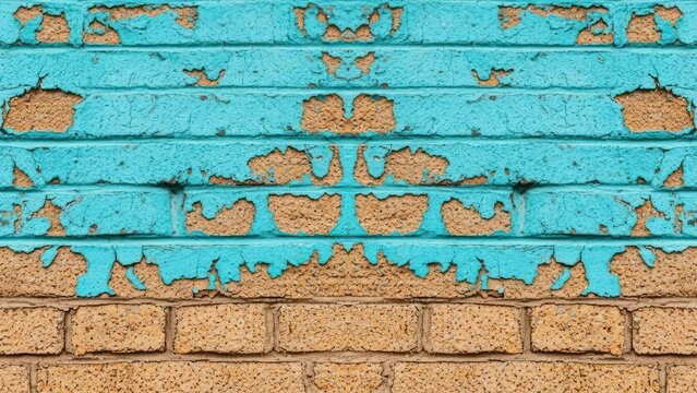 Symmetrical peeling blue paint reveals textured beige brick wall, creating a distressed pattern