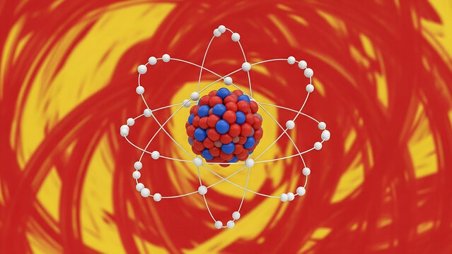 abstract blue  and red round with molecule, Detailed model of atom showing electrons neutrons and protons. Atom model with electrons orbiting nucleus. Science model of atomic structure with particles.