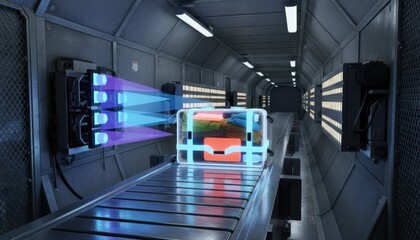 Luggage on conveyor belt scanned by security system with digital xray visualization