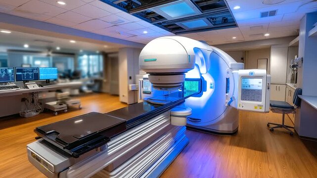 Linear accelerator room, therapeutic oncology equipment, cancer patient treatment, advanced medical technology, radiation therapy delivery, hospital treatment facility, clinical on