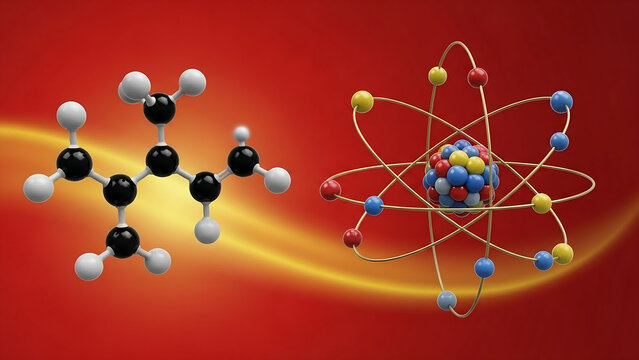 abstract blue  and red round with molecule, Detailed model of atom showing electrons neutrons and protons. Atom model with electrons orbiting nucleus. Science model of atomic structure with particles.