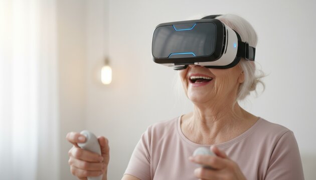 An elderly woman laughing while using a VR headset in a bright room symbolizing technology joy and active aging