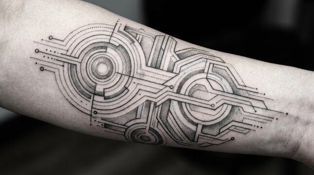 Geometric dotwork tattoo on forearm featuring futuristic circuit style pattern hinting tech identity modern digital culture expression
