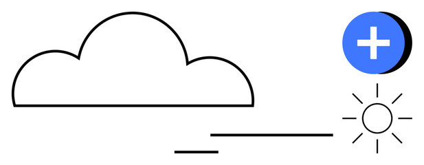 Cloud data storage. Simplified cloud design with integrated data plus icon and sun symbol cloud data storage, software integration, and digital connectivity. For tech, cloud services, innovation