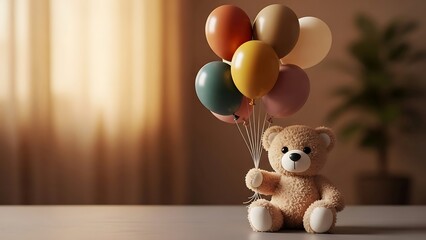 Teddy Bear Holding Balloons: Festive and Gentle Background Image