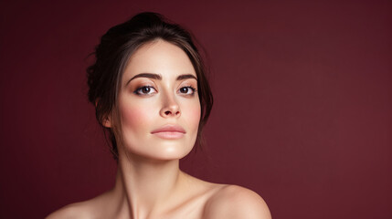 Fototapeta premium Captivating portrait of a woman with delicate makeup, her gaze directed slightly upwards, set against a rich, dark background. A serene and refined beauty.