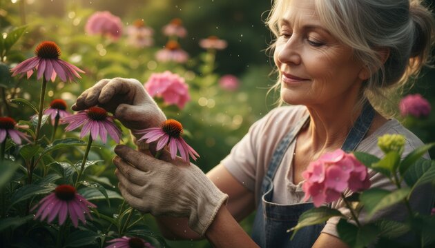 Senior woman gardening among blooming flowers expressing mindfulness nature care peaceful hobby and seasonal outdoor activity at sunrise