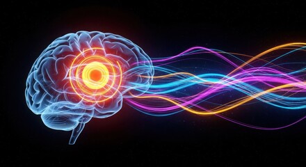 Translucent human brain with a red glowing center radiating colorful light waves